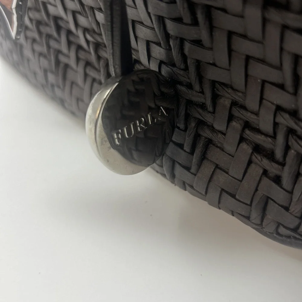 FURLA Italy Dark Brown Leather Woven Handbag Purse Satchel